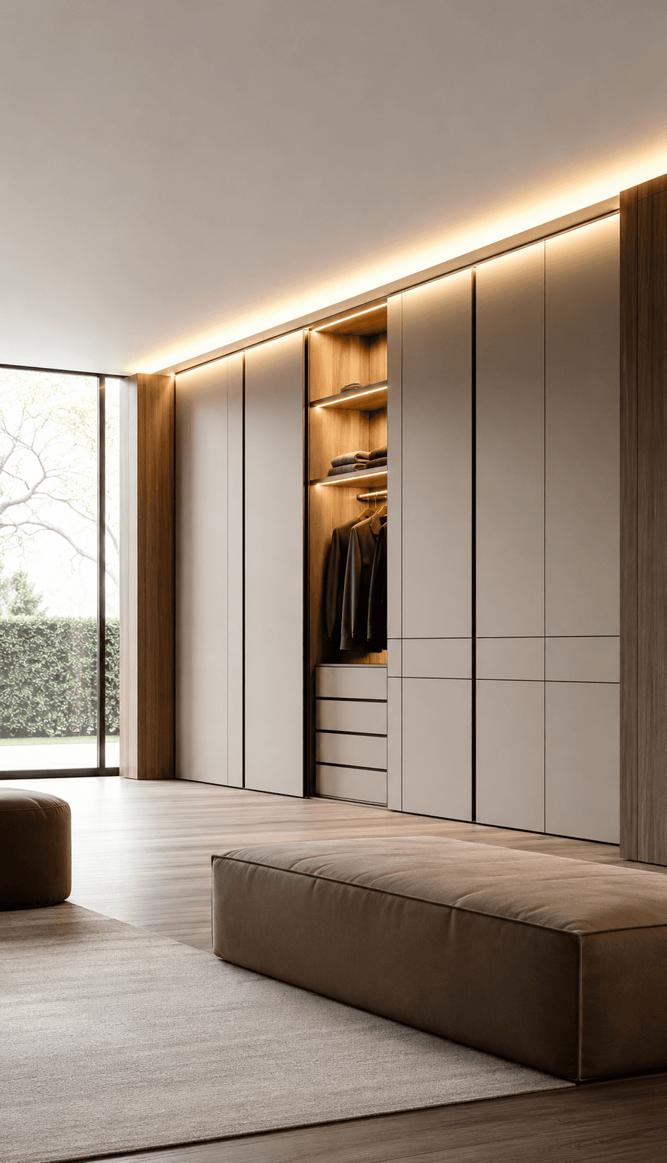 A minimalist organized closet with a bench